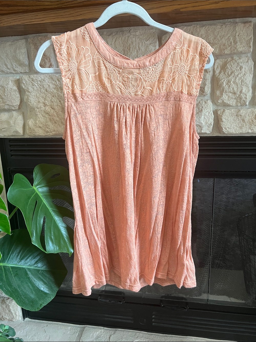 Suzanne Betro Peach Sleeveless Embroidered Yoke Camisole
